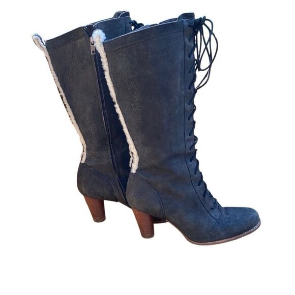 Ugg Camille Oil Rubbed Leather Lace Up Knee High Heeled Boots Black Size 11 5488 - Picture 1 of 11